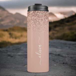 Rose Gold Blush Pink Glitter Girly Monogram Name Thermal Tumbler