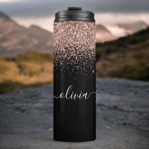 Rose Gold Blush Pink Glitter Girly Monogram Name Thermal Tumbler