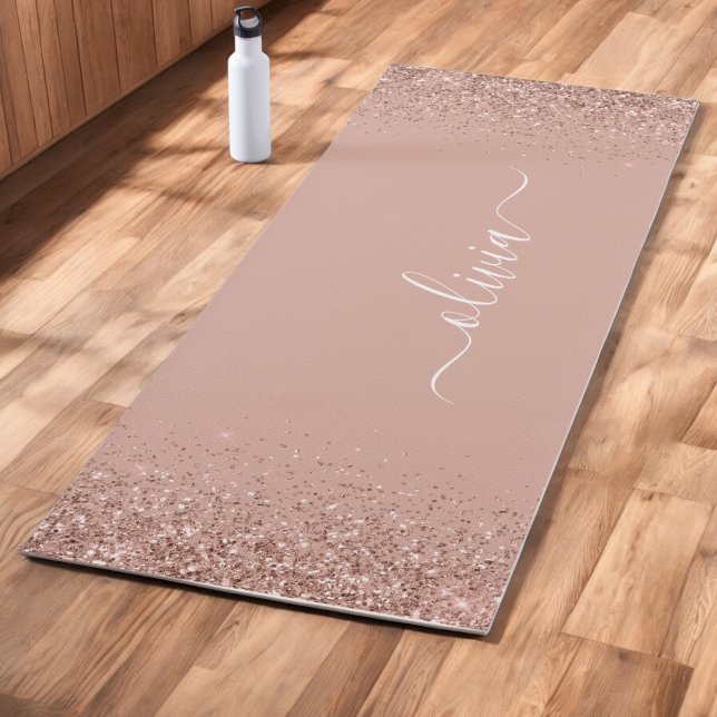 Rose Gold - Blush Pink Glitter Girly Monogram Name Yoga Mat (Creator Uploaded)