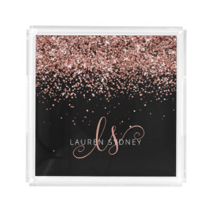 Rose Gold Blush Pink Glitter Glam Monogram Name Acrylic Tray