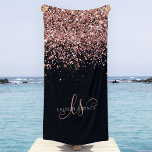 Rose Gold Blush Pink Glitter Glam Monogram Name Beach Towel<br><div class="desc">Glam Rose Gold Glitter Elegant Monogram Beach Towel. Easily personalise this trendy chic beach towel design featuring elegant rose gold sparkling glitter on a black background. The design features your handwritten script monogram with pretty swirls and your name.</div>