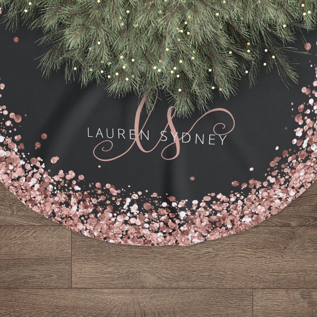 Rose Gold Blush Pink Glitter Glam Monogram Name Brushed Polyester Tree Skirt (Creator Uploaded)