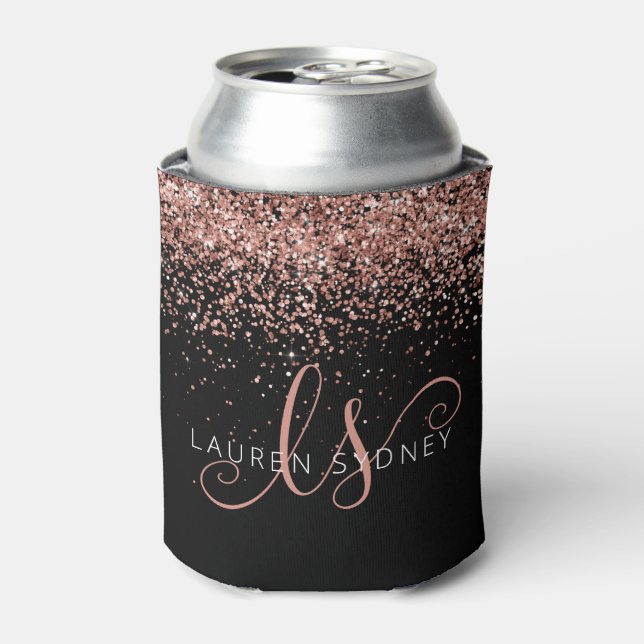 Rose Gold Blush Pink Glitter Glam Monogram Name Can Cooler (Can Front)