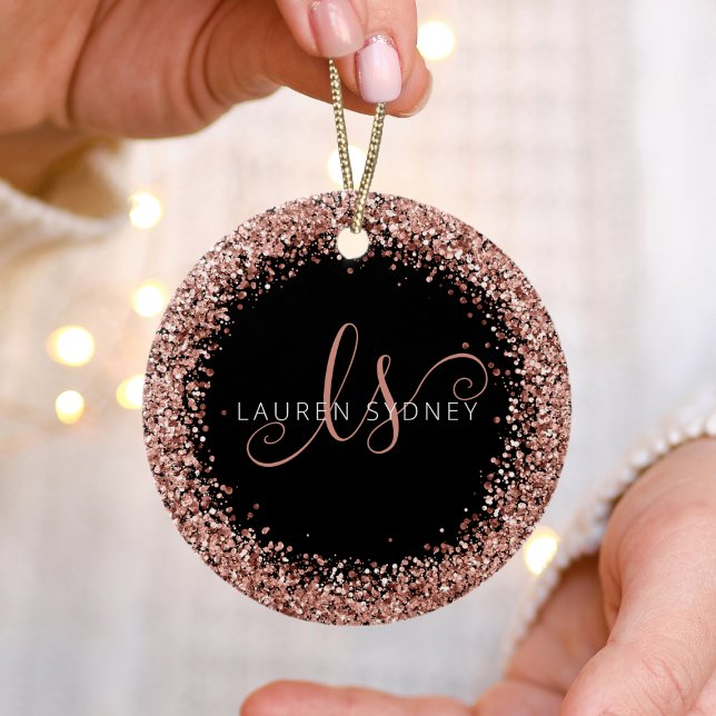 Rose Gold Blush Pink Glitter Glam Monogram Name Ceramic Tree Decoration (Creator Uploaded)