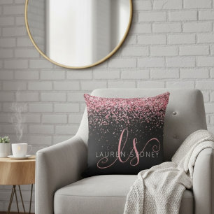 Rose Gold & Blush Pink Glitter Glam Monogram Name Cushion