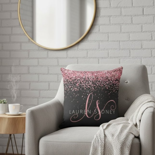 Rose Gold & Blush Pink Glitter Glam Monogram Name Cushion (Creator Uploaded)