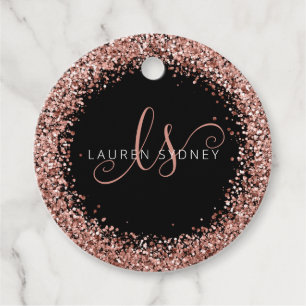Rose Gold Blush Pink Glitter Glam Monogram Name Favour Tags