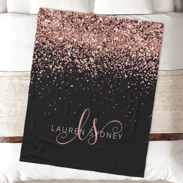 Rose Gold Blush Pink Glitter Glam Monogram Name Fleece Blanket (Creator Uploaded)