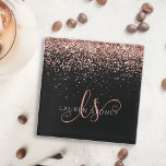 Rose Gold Blush Pink Glitter Glam Monogram Name Glass Coaster<br><div class="desc">Glam Rose Gold Glitter Elegant Monogram Glass Coaster. Easily personalise this trendy chic glass coaster design featuring elegant rose gold sparkling glitter on a black background. The design features your handwritten script monogram with pretty swirls and your name.</div>