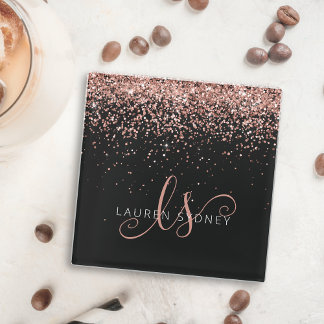 Rose Gold Blush Pink Glitter Glam Monogram Name Glass Coaster