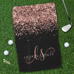 Rose Gold Blush Pink Glitter Glam Monogram Name Golf Towel<br><div class="desc">Glam Rose Gold Glitter Elegant Monogram Golf Towel. Easily personalize this trendy chic golf towel design featuring elegant rose gold sparkling glitter on a black background. The design features your handwritten script monogram with pretty swirls and your name.</div>