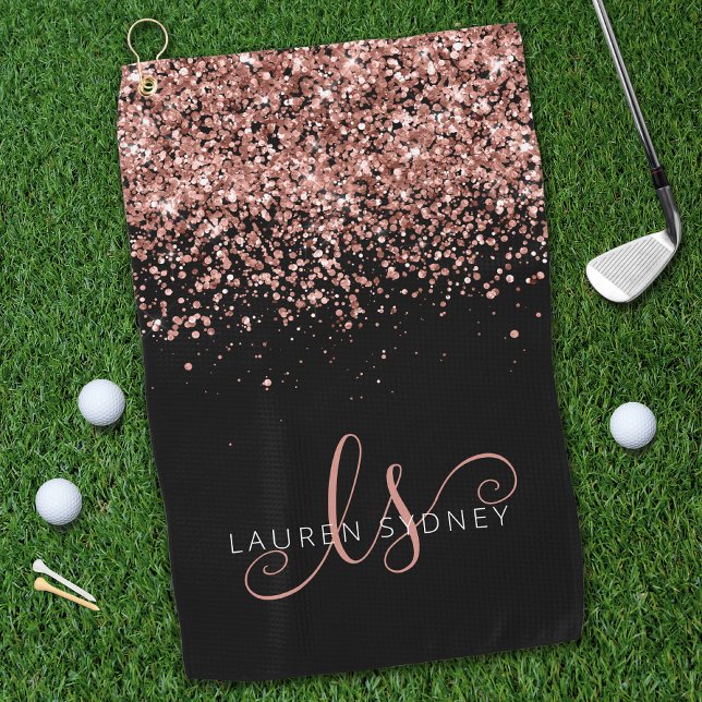 Rose Gold Blush Pink Glitter Glam Monogram Name Golf Towel (Creator Uploaded)