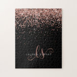 Rose Gold Blush Pink Glitter Glam Monogram Name Jigsaw Puzzle<br><div class="desc">Glam Rose Gold Glitter Elegant Monogram Puzzle. Easily personalise this trendy chic puzzle design featuring elegant rose gold sparkling glitter on a black background. The design features your handwritten script monogram with pretty swirls and your name.</div>