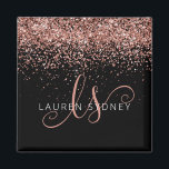 Rose Gold Blush Pink Glitter Glam Monogram Name Magnet<br><div class="desc">Glam Rose Gold Glitter Elegant Monogram Magnet. Easily personalise this trendy chic magnet design featuring elegant rose gold sparkling glitter on a black background. The design features your handwritten script monogram with pretty swirls and your name.</div>