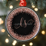 Rose Gold Blush Pink Glitter Glam Monogram Name Metal Tree Decoration<br><div class="desc">Glam Rose Gold Glitter Elegant Monogram Metal Ornament. Easily personalize this trendy chic metal ornament design featuring elegant rose gold sparkling glitter on a black background. The design features your handwritten script monogram with pretty swirls and your name.</div>
