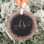 Rose Gold Blush Pink Glitter Glam Monogram Name Ornament<br><div class="desc">Glam Rose Gold Glitter Elegant Monogram Ornament. Easily personalize this trendy chic ornament design featuring elegant rose gold sparkling glitter on a black background. The design features your handwritten script monogram with pretty swirls and your name.</div>
