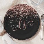 Rose Gold Blush Pink Glitter Glam Monogram Name Paper Plate<br><div class="desc">Glam Rose Gold Glitter Elegant Monogram Paper Plate. Easily personalize this trendy chic paper plate design featuring elegant rose gold sparkling glitter on a black background. The design features your handwritten script monogram with pretty swirls and your name.</div>