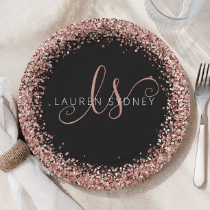 Rose Gold Blush Pink Glitter Glam Monogram Name Paper Plate