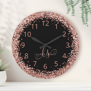 Rose Gold Blush Pink Glitter Glam Monogram Name Round Clock