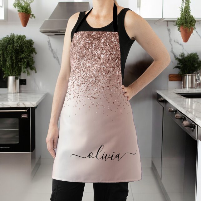 Rose Gold - Blush Pink Glitter Metal Monogram Name Apron (Creator Uploaded)