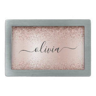 Rose Gold - Blush Pink Glitter Metal Monogram Name Belt Buckle