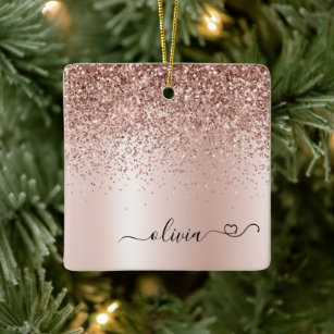 Rose Gold - Blush Pink Glitter Metal Monogram Name Ceramic Ornament