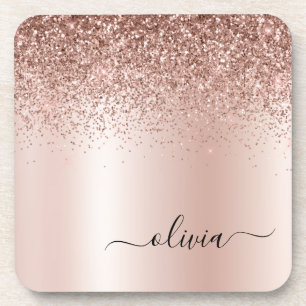 Rose Gold - Blush Pink Glitter Metal Monogram Name Coaster