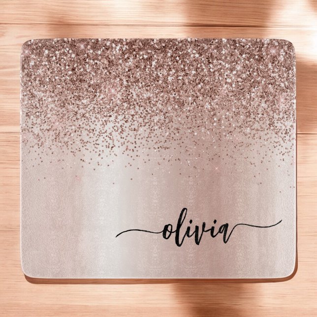 Rose Gold - Blush Pink Glitter Metal Monogram Name Cutting Board (Creator Uploaded)