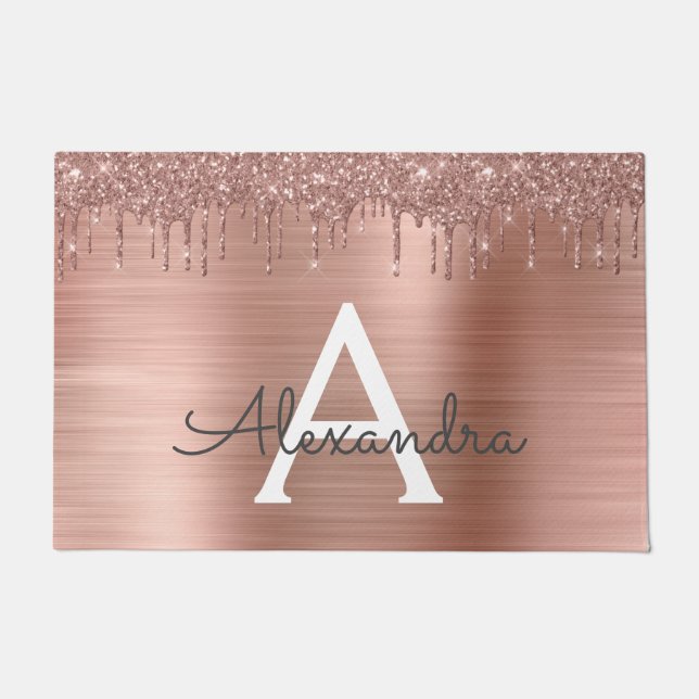 Rose Gold - Blush Pink Glitter Metal Monogram Name Doormat (Front)