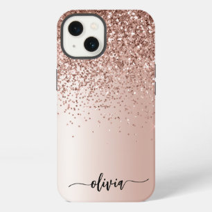 Rose Gold - Blush Pink Glitter Metal Monogram Name iPhone 13 Case