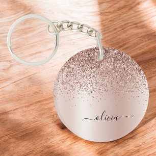 Rose Gold - Blush Pink Glitter Metal Monogram Name Key Ring