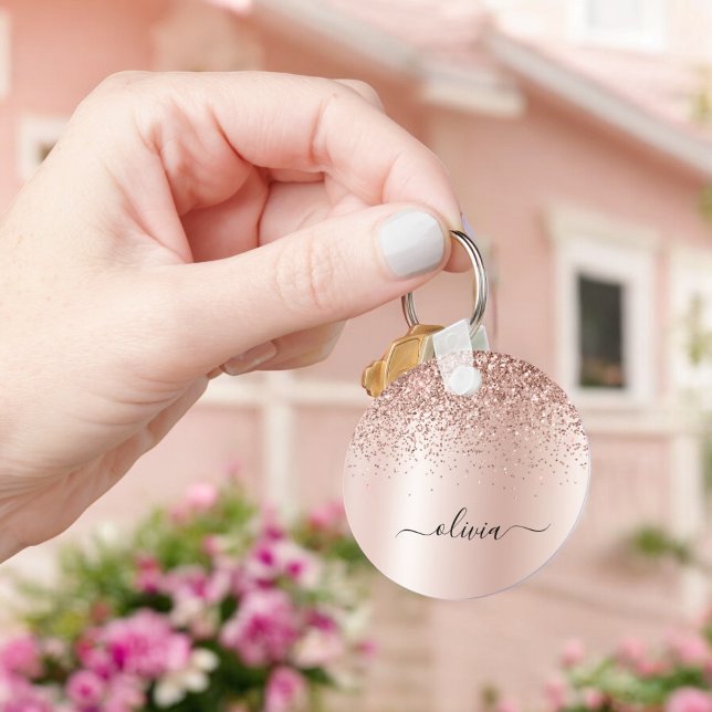 Rose Gold - Blush Pink Glitter Metal Monogram Name Key Ring (Creator Uploaded)
