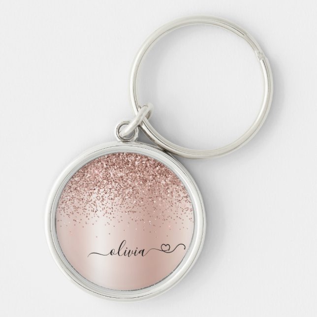 Rose Gold - Blush Pink Glitter Metal Monogram Name Key Ring (Front)