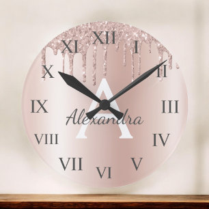 Rose Gold - Blush Pink Glitter Metal Monogram Name Large Clock