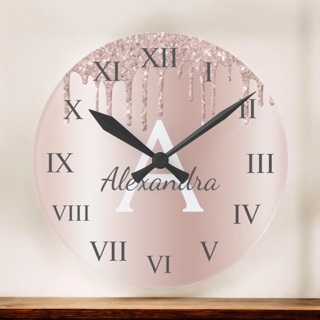 Rose Gold - Blush Pink Glitter Metal Monogram Name Large Clock (Creator Uploaded)