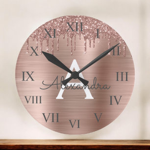 Rose Gold - Blush Pink Glitter Metal Monogram Name Large Clock