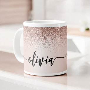 Rose Gold - Blush Pink Glitter Metal Monogram Name Large Coffee Mug