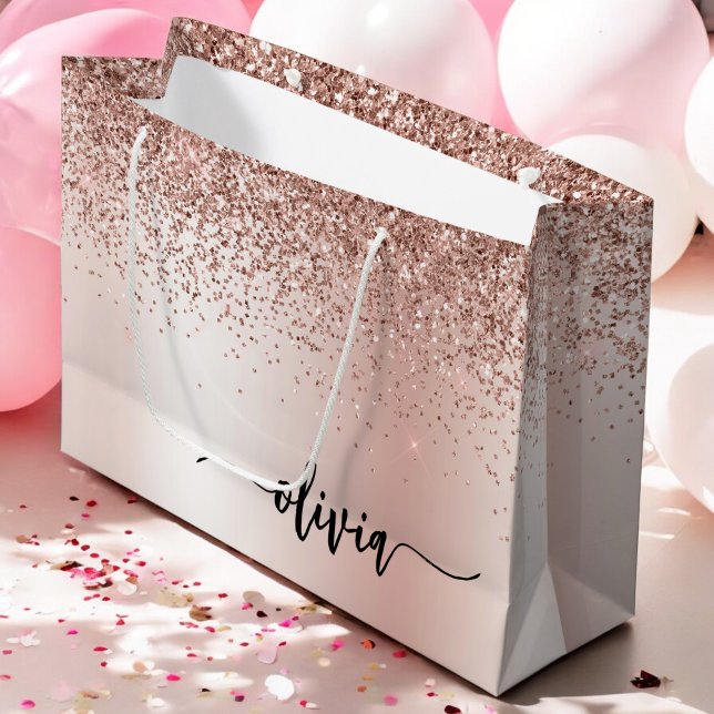 Rose Gold - Blush Pink Glitter Metal Monogram Name Large Gift Bag (Creator Uploaded)