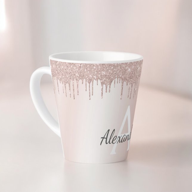 Rose Gold - Blush Pink Glitter Metal Monogram Name Latte Mug (Creator Uploaded)