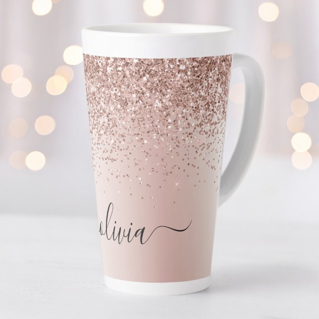 Rose Gold - Blush Pink Glitter Metal Monogram Name Latte Mug (Creator Uploaded)