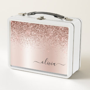 Rose Gold - Blush Pink Glitter Metal Monogram Name Lunch Box