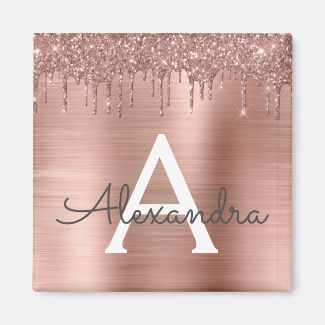 Rose Gold - Blush Pink Glitter Metal Monogram Name Magnet (Front)