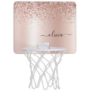 Rose Gold - Blush Pink Glitter Metal Monogram Name Mini Basketball Hoop