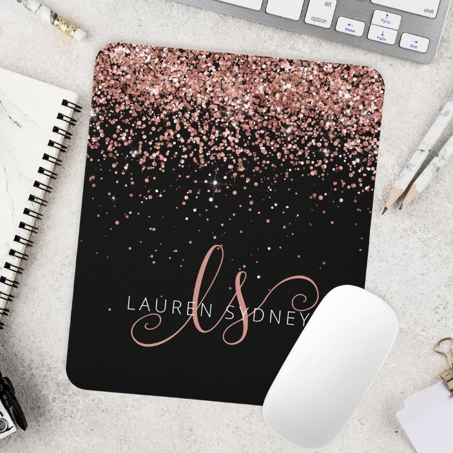 Rose Gold Blush Pink Glitter Metal Monogram Name Mouse Pad (Creator Uploaded)