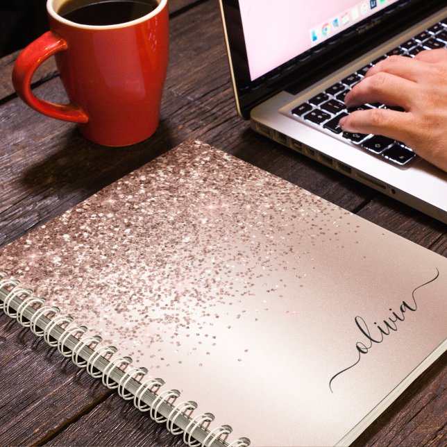 Rose Gold - Blush Pink Glitter Metal Monogram Name Notebook (Creator Uploaded)