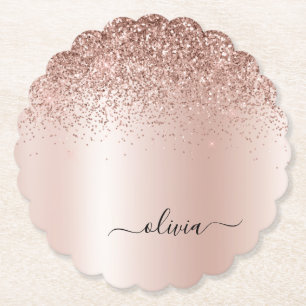 Rose Gold - Blush Pink Glitter Metal Monogram Name Paper Coaster