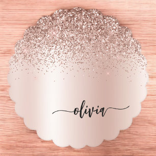 Rose Gold - Blush Pink Glitter Metal Monogram Name Paper Coaster