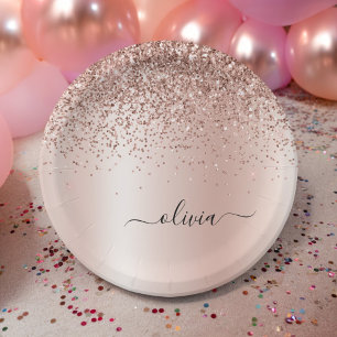 Rose Gold - Blush Pink Glitter Metal Monogram Name Paper Plate