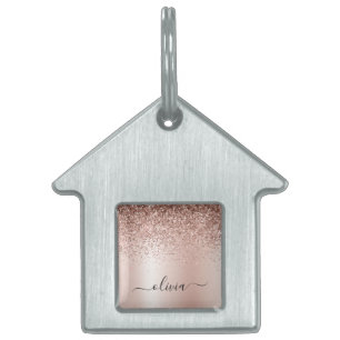 Rose Gold - Blush Pink Glitter Metal Monogram Name Pet ID Tag