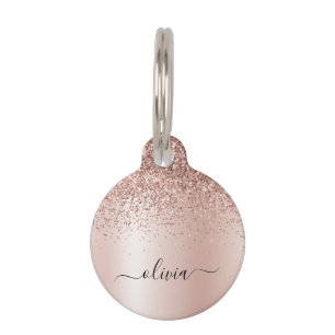 Rose Gold - Blush Pink Glitter Metal Monogram Name Pet Tag